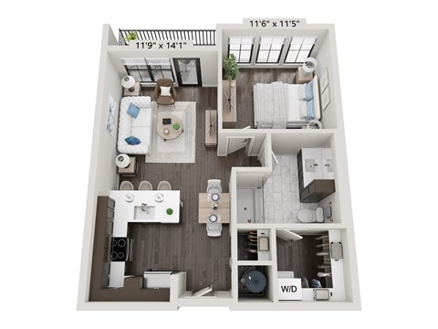 Floor plan for 1 bed, 1 bath, 730 sqft
